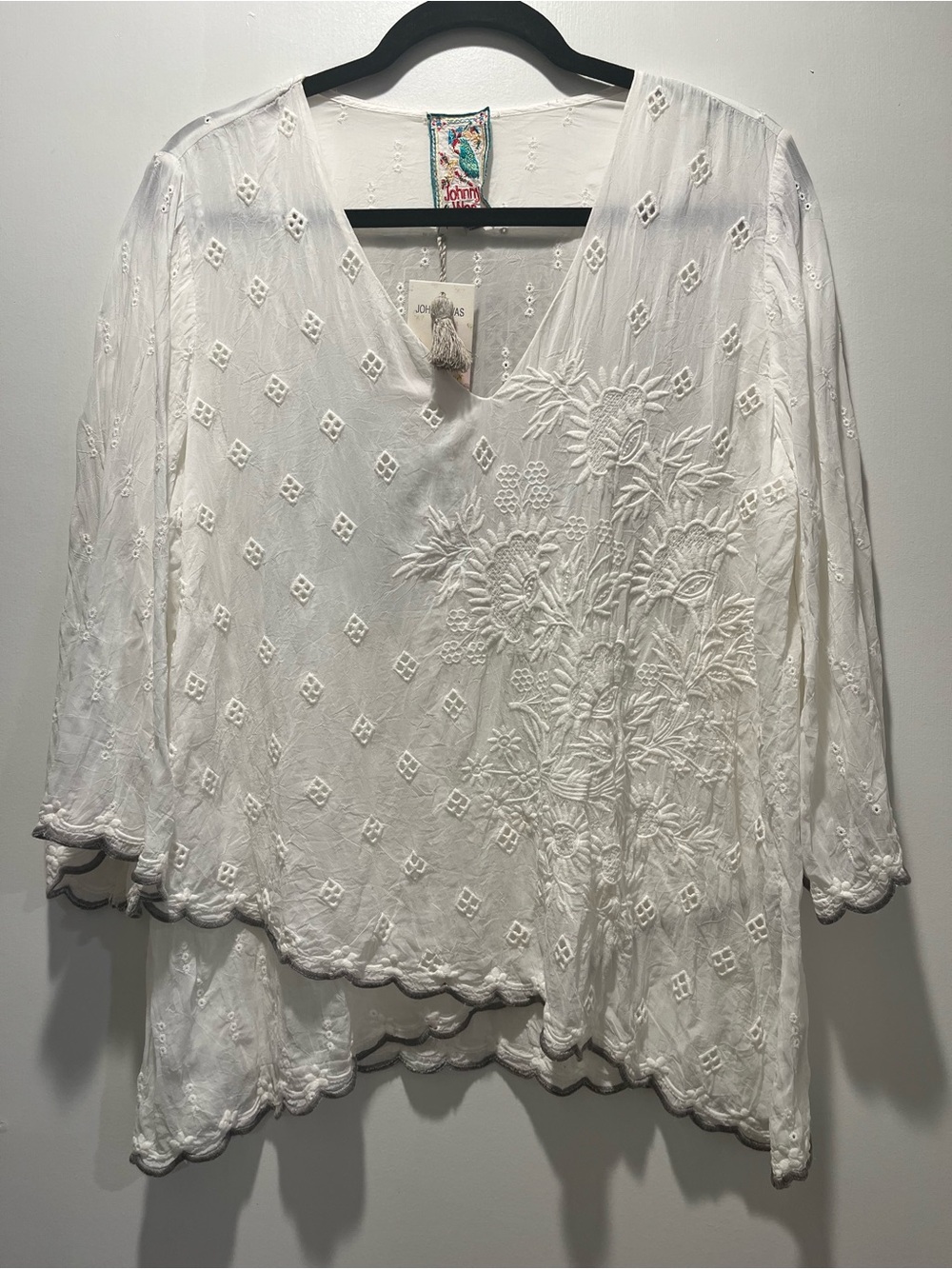 Johnny Was White Embroidered Floral V-Neck Tunic